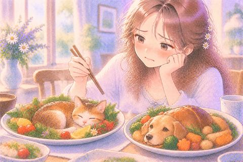 猫と犬を象徴する料理を前に戸惑う女性