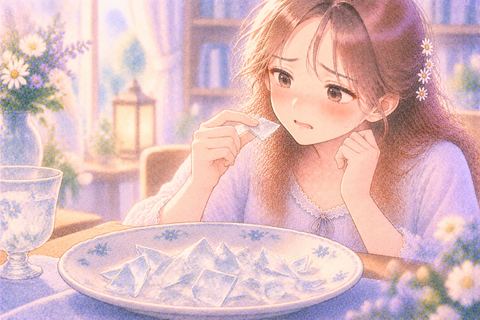 透明なガラス片を前にためらう女性