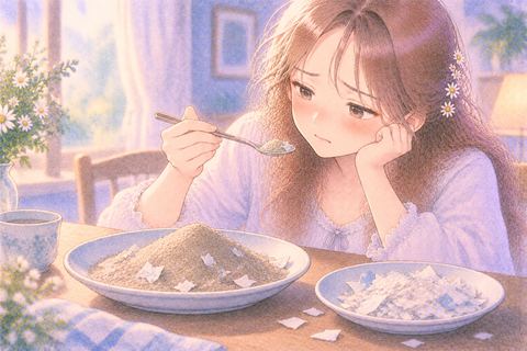 砂と紙を前に虚しそうにする女性