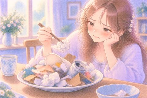 ゴミの載った皿を嫌そうに見つめる女性