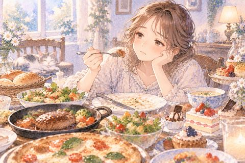 料理を食べ続けても寂しそうな女性