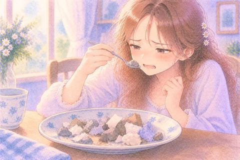 食べられない物を無理に口へ運ぶ女性