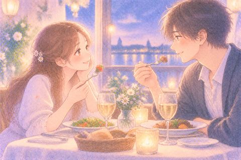好きな男性と向かい合って食事する女性