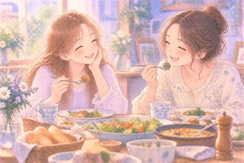 友達と食卓を囲んで笑う女性