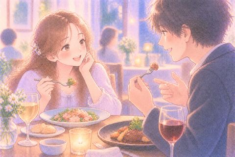 知らない人と食事を楽しむ女性