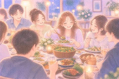 大勢の仲間と食卓を囲んで笑う女性