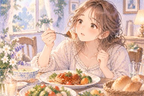 料理を口へ運ぶ直前で止まる女性