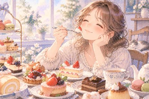 甘いデザートを嬉しそうに味わう女性
