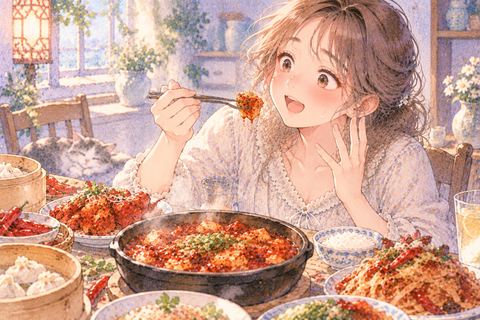 辛い料理を食べて驚きながら楽しむ女性