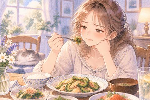 苦手な料理を前にためらいながら食べる女性