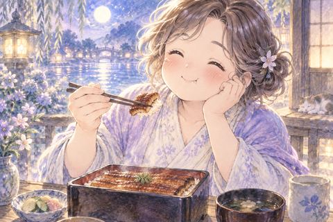 うなぎ料理をおいしそうに食べる大人の女性