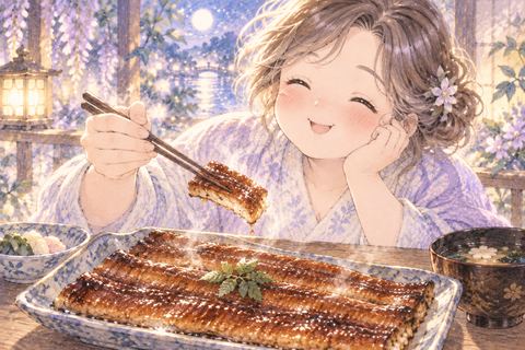 つやのあるうなぎの蒲焼きを前に喜ぶ女性