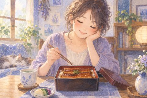 うなぎ弁当を穏やかに食べる大人の女性