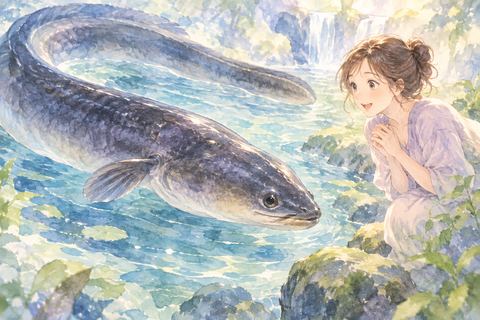 大きなうなぎを驚きながら見つめる女性