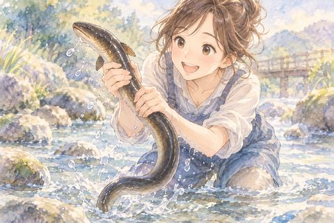 滑るうなぎを両手で捕まえて喜ぶ女性