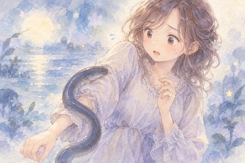腕にうなぎが吸いつき戸惑う大人の女性