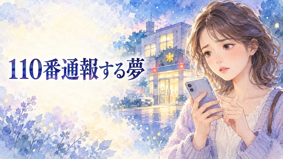 スマートフォンで110番通報しようとする女性と夢の中の警察署