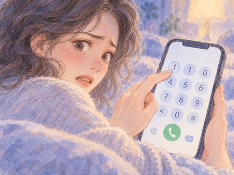 110番を押そうとして指が止まる女性とスマートフォン