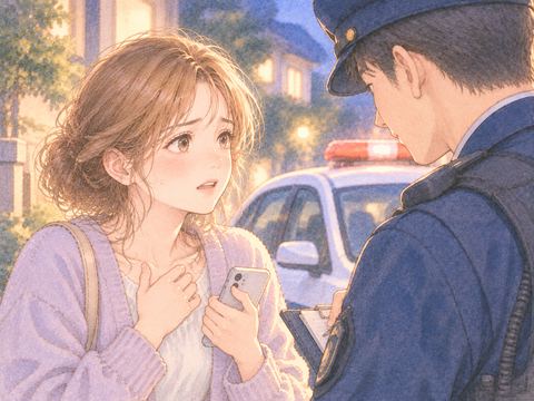 警察官に事情を説明しようと言葉に詰まる女性