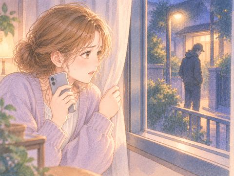 家の窓から不審な人影を見て通報する女性