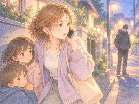 不安げな家族をかばいながら警察に通報する女性