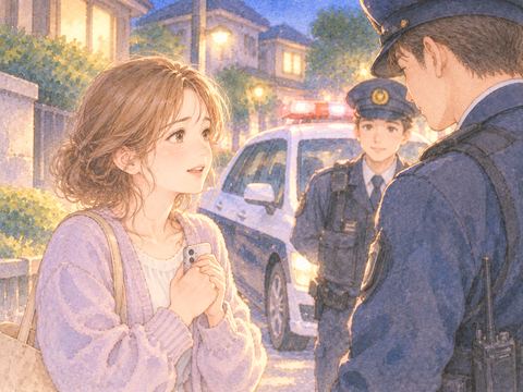 通報後に到着した警察官を見て安心する女性