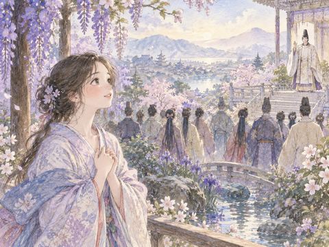 人々の向こうにいる天皇陛下を遠くから見つめる女性