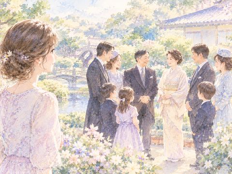 広い庭園に集まる天皇家の方々を穏やかに見つめる女性
