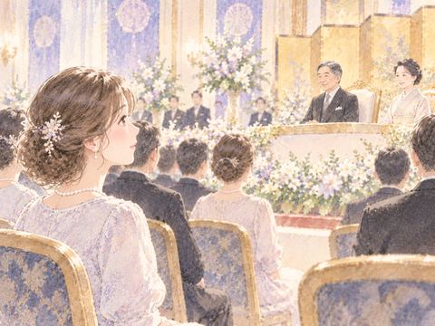 天皇陛下が出席する華やかな式典に正装して参加する女性