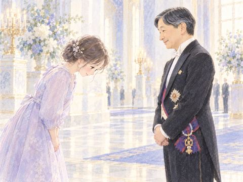 天皇陛下を目の前にして丁寧にお辞儀する女性