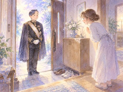 自宅の玄関を訪れた天皇陛下を驚いて迎える女性