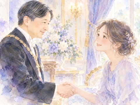 天皇陛下と丁寧に握手して安心した表情の女性