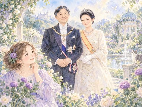 庭園で穏やかに並ぶ天皇皇后両陛下を見つめる女性