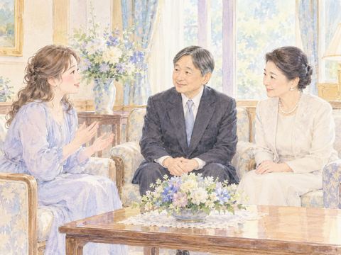 天皇皇后両陛下と穏やかに会話する女性