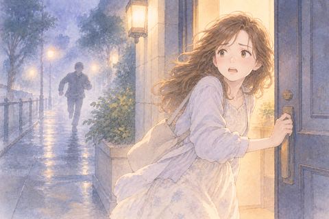 追跡者から逃れて扉を閉める大人の女性