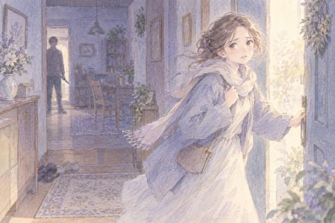 包丁を持つ相手から家の外へ逃げる女性