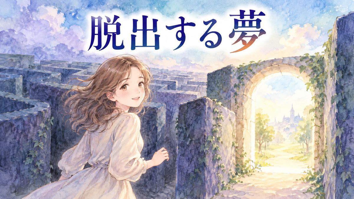 光る出口へ向かう大人の女性と夢の迷路