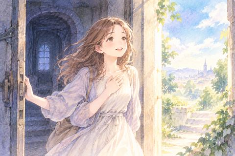 明るい出口へ無事に出る大人の女性