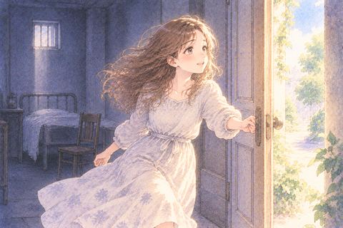 閉ざされた部屋から扉を開けて逃れる大人の女性