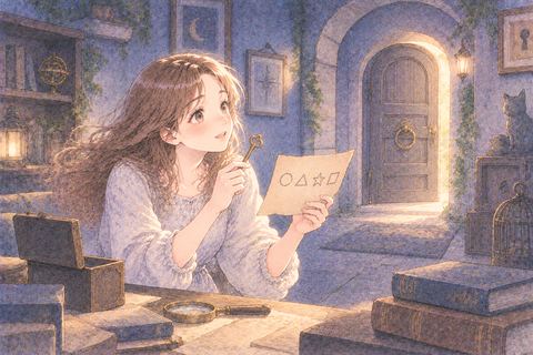 鍵と手がかりを探して脱出ゲームに挑む女性