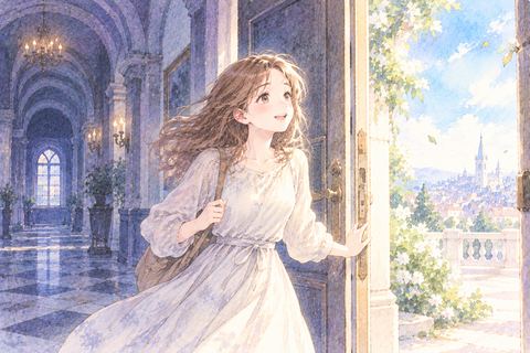 大きな建物の扉から外へ出る大人の女性