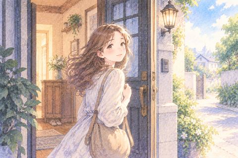 自宅の玄関から外へ出て振り返る大人の女性