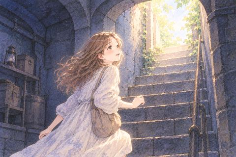 暗い地下から光る階段を上る大人の女性