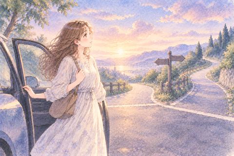 停車した車から降りて道を見つめる大人の女性