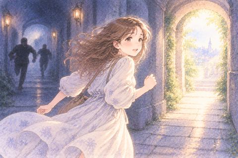 追っ手から逃れて明るい出口へ走る大人の女性