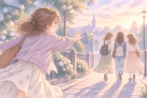 離れていく仲間へ焦って手を伸ばす女性