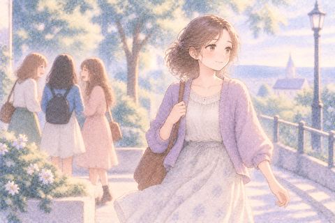 友達の輪から離れて穏やかに歩き出す女性