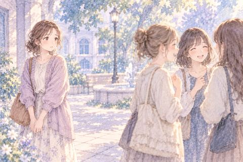 楽しそうな友達の輪から離れて立つ女性