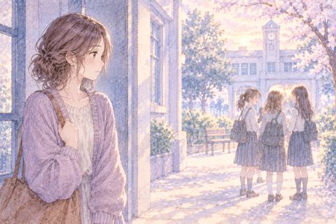 昔の友達の輪を遠くから見つめる大人の女性