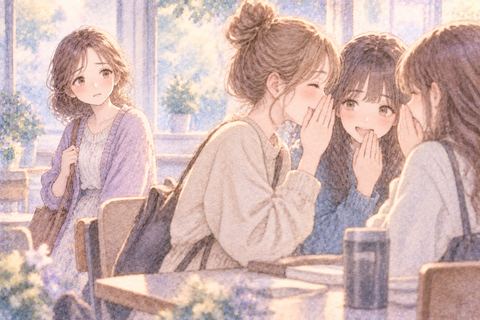 内緒話をする友達を戸惑って見つめる女性
